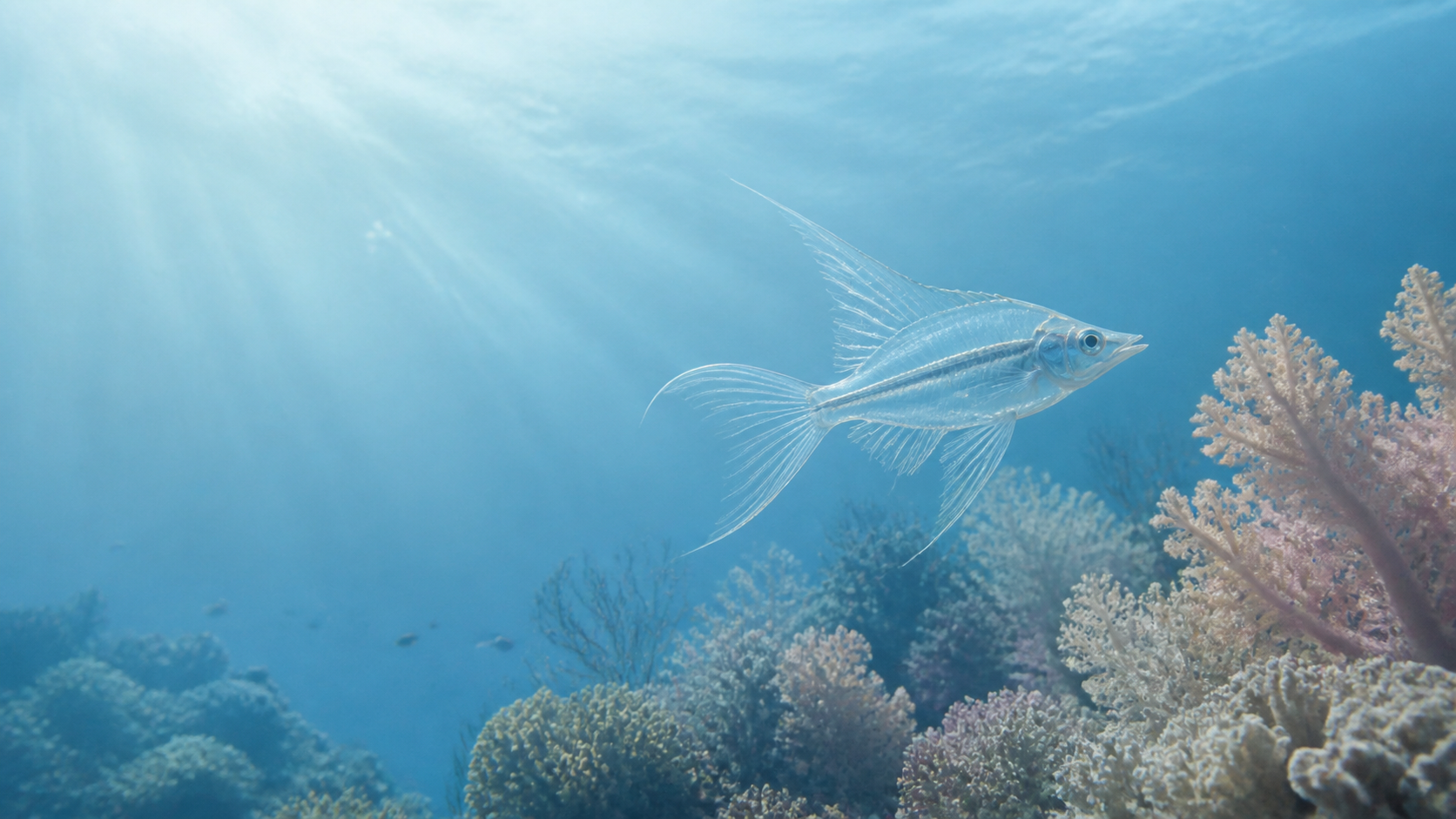 Rare translucent fish moving near pale coral.