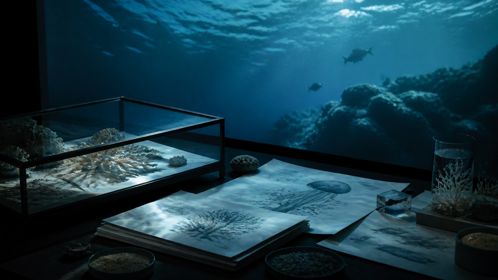 Marine research table with specimens and underwater projected light.